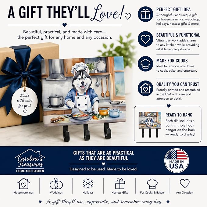 Caroline's Treasures Siberian Husky The Chef Leash or Key Holder Wall Hooks, Key Hooks Holder, Coat Rack Wall Mount, Coat Hooks, Hooks for Hanging Keys, Towels, Aprons, Leashes | Siberian Husky The Chef artwork on ceramic tile with three steel hooks fo...