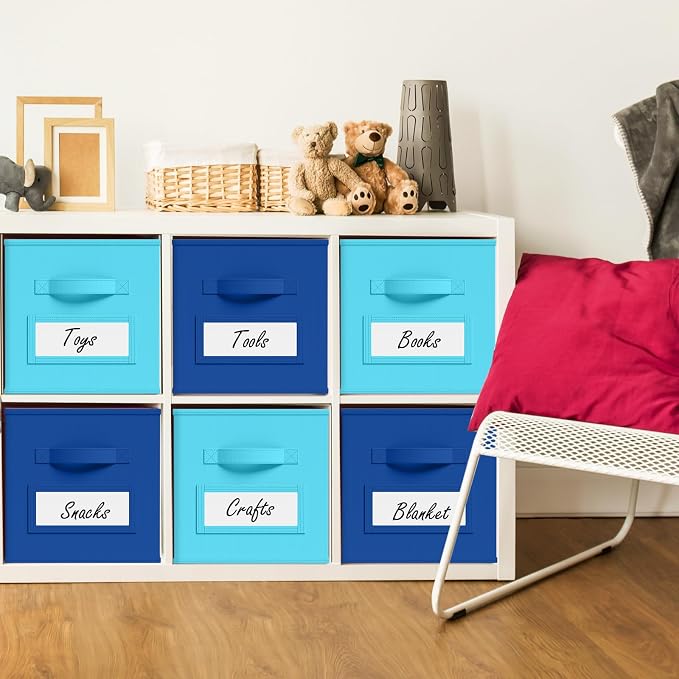 Teenyyou 10 Pack Fabric Storage Cubes 11 Inch Collapsible Cube Bins with Label Window & Handle Foldable Organizers Baskets for Shelf Closet Nursery Kids Room Clothes Book Toy(Lake Blue, Navy Blue)