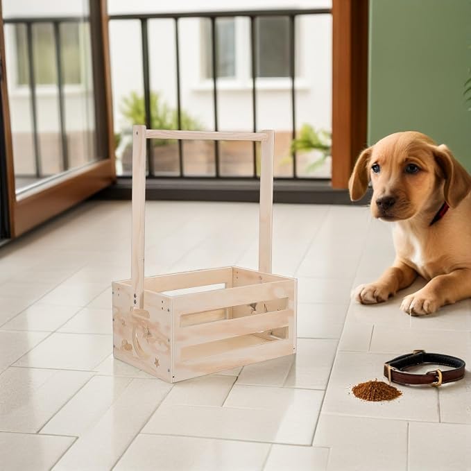 FAVOMOTO Wooden Dog Clothes Rack Pet Closet Organizer with Hanging Rod and Storage Basket, Portable Handle Design for Storage, Upright Vertical Arrangement for Small Homes and Pets Zone