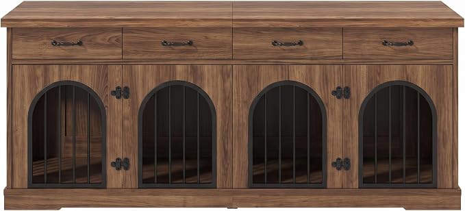 Merax 70.8" Large Dog Crate Furniture & TV Stand for 2 Dogs – Double Kennel with 4 Storage Drawers, Removable Divider & Arched Metal Doors – Wood Indoor Pet House for Medium/Large Breeds, Brown
