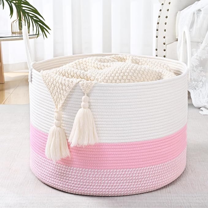 67L Large Woven Blanket Basket, Cotton Rope Baby Laundry Hamper with Handles, Kids Toy Basket for Classroom & Nursery, Soft Round Stuffed Animal Storage, Dog Toy Bin - 20"x13", Light Pink