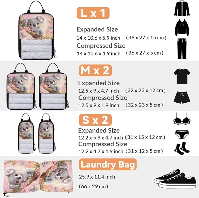 Cute Koala 6 Set Compression Packing Cubes Animals Expandable Packing Organizer for Travel Accessories Luggage Suitcase Bag
