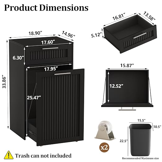 13 Gallons Pull Out Trash Can Cabinet, Hidden Trash Can, Black | Fluted Kitchen Trash Cabinet with Drawer, Freestanding Garbage Pet Proof Trash Can Holder for Laundry, Living Room