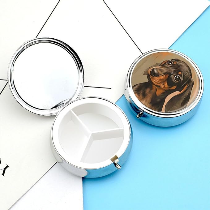 Dachshund Puppy Metal Pill Organizer with Mirror, 3-Compartment Travel Pill Box, 2-Inch Round Pocket Medicine Case with Secure Latch, Portable Vitamin Holder for Women & Men
