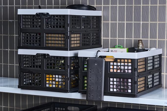 Aebeky 3-Pack Plastic Collapsible Storage Crates-30L,Foldable Plastic Crates for Storage (Black+Gray)
