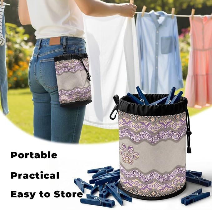 Laundry Clothespin Organizer Bag, Boho Pattern Dog Paw Drawstring Peg Storage Pouch with Hanging Loop, Portable Clips Holder for Drying Rack, Camping, Beach, Dorm
