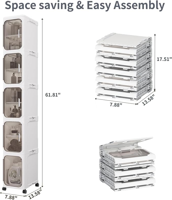 5 Tier Slim Bathroom Storage Cabinet, Foldable and Movable, White | Tools Free, ABS and PET, Magnetic Clear Door, Adjustable Shelves, Lockable Wheels, Water Resistant, For Narrow Space