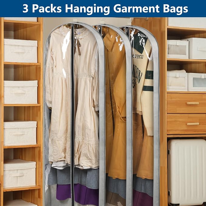 3 Pack 60" Long Garment Bags for Hanging Clothes Storage