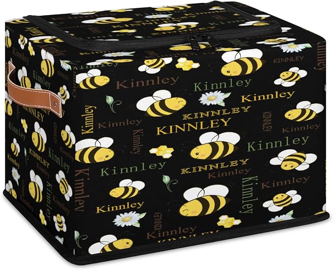 Custom Name Storage Bin with Lid Zipper, Personalized Black Rectangular Storage Basket for Organizing Boys Girls Toys Office Closet Shelf Baskets, Yellow Color Bee with Daisy