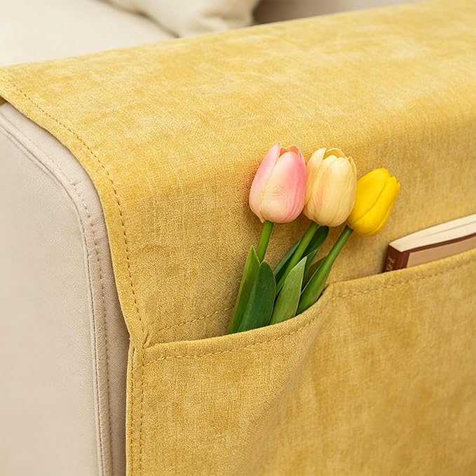Sofa Armrest Cover with Pockets Set of 2 Solid Color Furniture Protector Slip Chenille Non Slip Recliner Organizer Remote Holder Caddy Accessories for Living Room Bedroom Kitchen 24*43.3 Inch Yellow