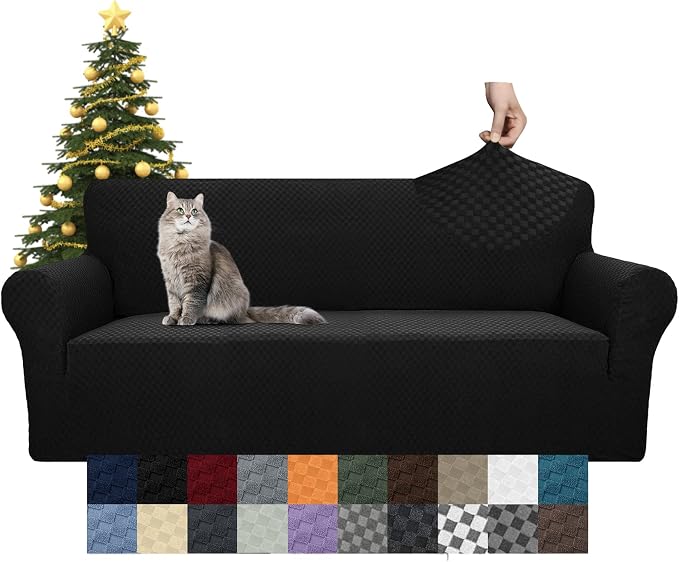 YEMYHOM Couch Cover Latest Jacquard Design High Stretch Sofa Covers for 3 Cushion Couch, Pet Dog Cat Proof Slipcover Non Slip Magic Elastic Furniture Protector (Sofa, Black)