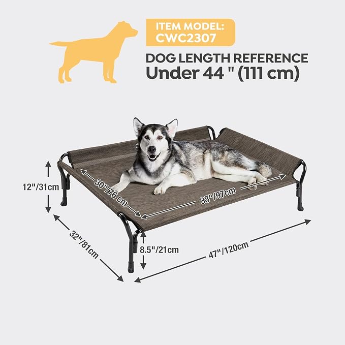 Veehoo Cooling Elevated Dog Bed, Raised Dog Cot with Guardrail & Headrest | Washable Dog Couch Bed for Indoor & Outdoor, Durable Breathable Teslin Mesh, Non-Slip Feet, Large 47" x 32", Brown