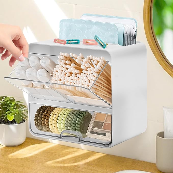 Qivine Tampon Holder for Bathroom Wall, Feminine Product Organizer Wall Mounted Tampon Dispenser, Pad Dispenser Wall Mount Pad and Tampon Organizer With Drawer and Lid No Drilling Installation