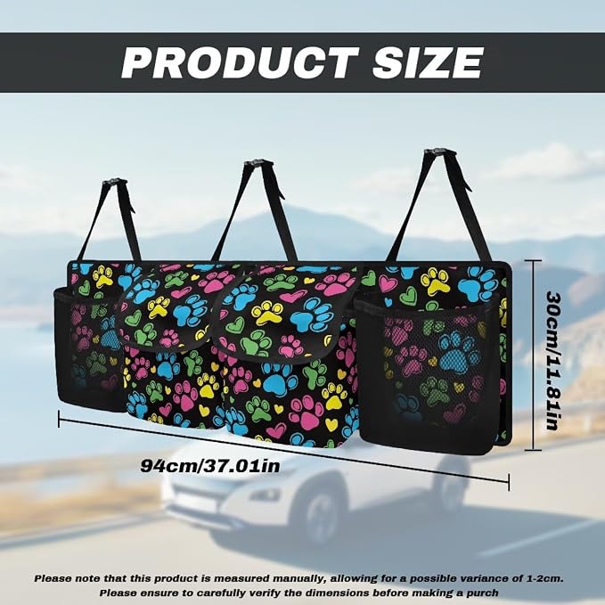 Dreaweet Colorful Dog Paw Print Car Trunk Organizer Backseat Hanging Large Storage with Adjustable Straps Car Cargo Trunk Storage Organizer Bag for Truck,SUV,Van