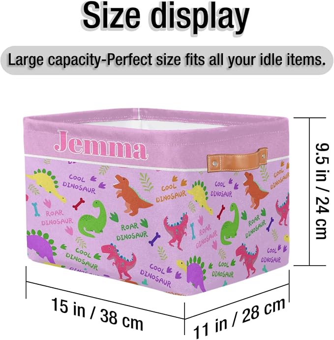 Personalized Dino Storage Basket with Name, Rectangle Toys Storage Bin with Handles for Baby Girls, Collapsible Basket for Clothes, Books, Colorful Dinosaurs with Bone Light Purple Background