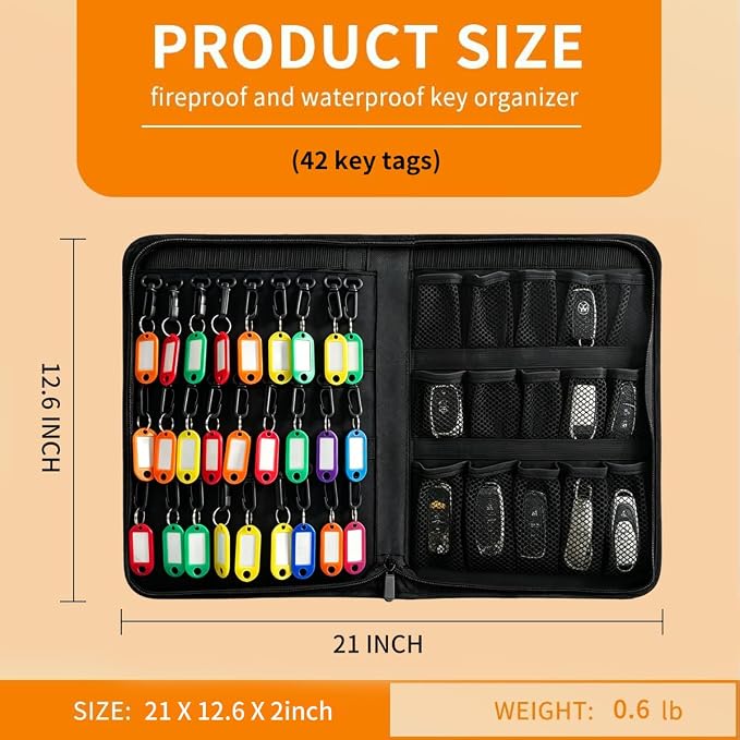 Sdstone Portable Zippered Key Case,Fireproof and Waterproof Key Organizer with 42 Key Hooks and Tags, Portable Key Binder,Key Storage for Real Estate Sales,Hotel Executives, Car Service