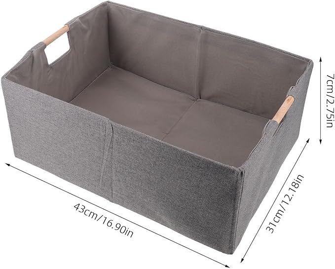 Foldable Fabric Storage Basket for Clothes, Rectangular Cloth Organizer with Wood Handles, Sturdy and Portable Clothing Storage Holder for Bedroom and Underbed Use,