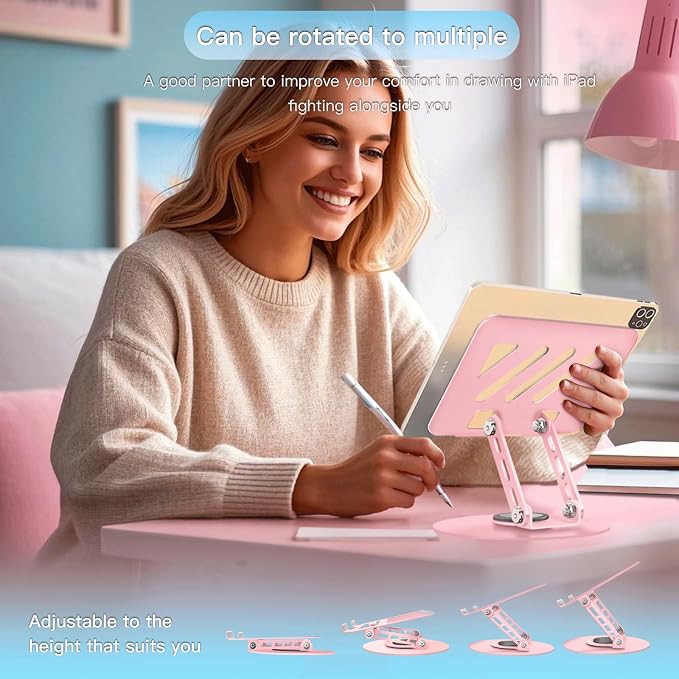 360° Rotating Tablet Stand - Pink |Adjustable Dual Rotary Shaft,Folding Design | Fits iPads & Tablets Up to 13" | Ideal for Work,Painting,Office,Travel,Home