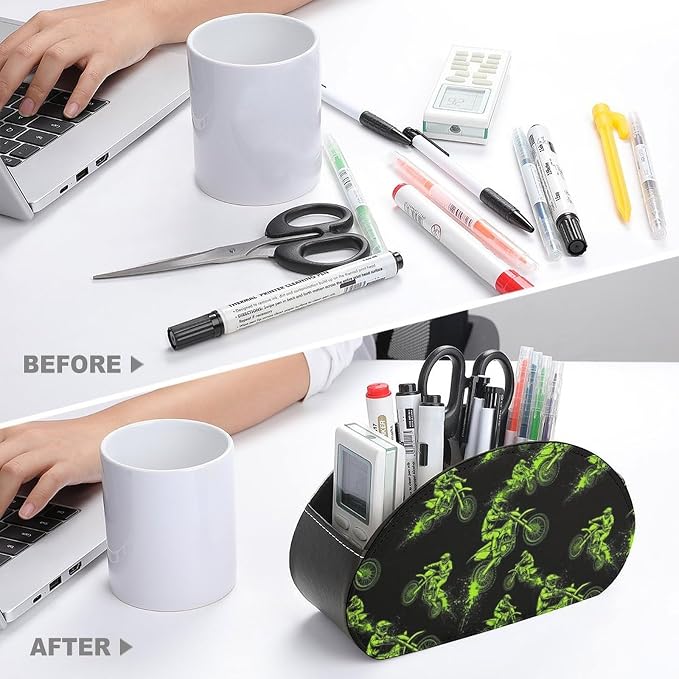 Remote Control Holder Motocross Rider Black 5 Compartment Table Organizer | PU Leather Desktop Caddy Box, Motocross Rider Extreme Sports Green Black, for Media Player, Stationery, Office Accessories