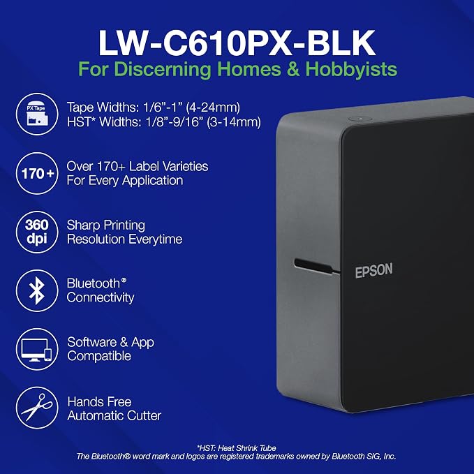 Epson LABELWORKS LW-C610PX-BLK Premium Portable Bluetooth Label Machine Printer & 212BMCPX PET (polyester) Tape Cartridge - Black on Matte Clear Designer Craft Label Maker Tape - 1/2" (12MM) Wide, 26'