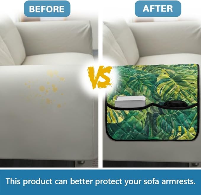 Palm Leaf Stretch Sofa Armrest Covers Arm Cover for Chairs Anti-Slip Couch Armrest Covers with 2 Pockets Furniture Armrests Protector for Sofa Couch Chair Recliner