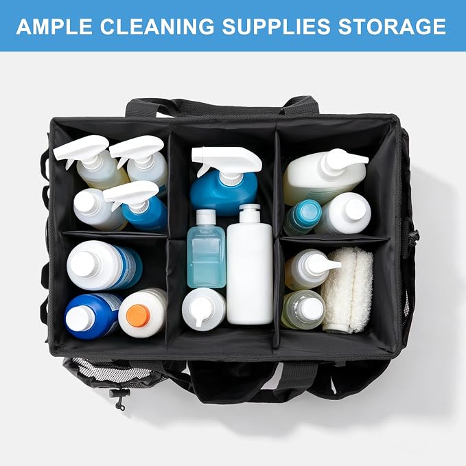 Large Cleaning Caddy Organizer, Adj Straps & Board Dividers | Heavy-duty Waterproof Nylon Fabric, Handle, Removable Divider, Tool Bags for Housekeepers, Car detailing