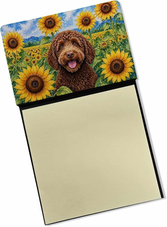 Caroline's Treasures Labradoodle in Sunflowers Watercolor Sticky Note Holder Refillable Dispenser Desk Accessory 3x3 Pad Gift