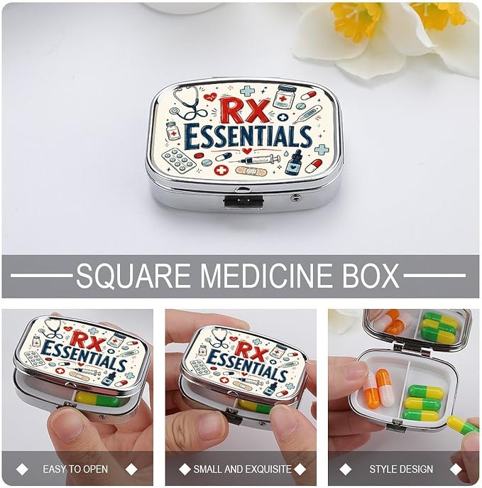 Healthcare Essentials Doodle Collage Two Compartment Pill Box Medicine Organizer, Portable Pill Case with Secure Snap Closure for Vitamins Medication Supplements Daily Use