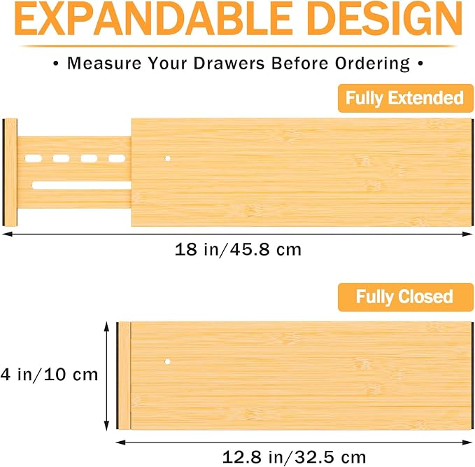 Bamboo Drawer Dividers, 4" High Drawer Organizers for Clothes/Utensils | 12.8-18" Expandable Wooden Drawer Separators for Dresser, Kitchen, Bathroom, Nursery, Office Organization & Storage, 6 Pack