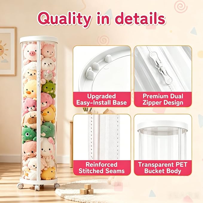 Large Stuffed Animal Storage Tube with Wheels, 59''×11''Toy Organizer with Double Zipper, WhiteClear PET Cylinder Container for Plush Toy Organization, Space Saving Kids Room Storage