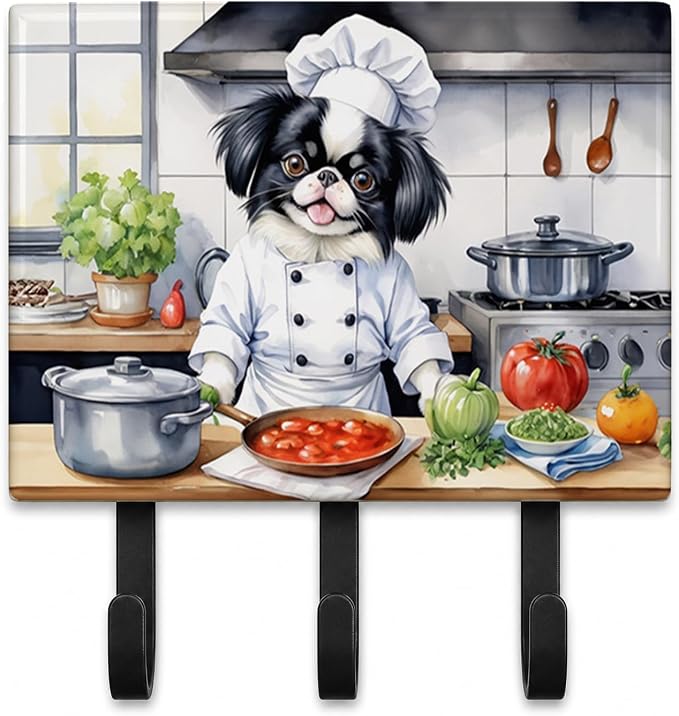 Caroline's Treasures Japanese Chin The Chef Leash or Key Holder Wall Hooks, Key Hooks Holder, Coat Rack Wall Mount, Coat Hooks, Hooks for Hanging Keys, Towels, Aprons, Leashes | Japanese Chin The Chef artwork on ceramic tile with three steel hooks for ...