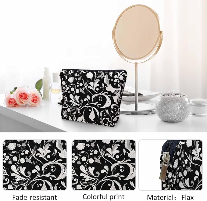 Makeup Bag Floral Makeup Bags For Purse Pouch, Vintage Mandala Flower Swirl Black White Travel Toiletry Bag Cosmetic Bag Makeup Bags Flax Makeup Organizer Bag Pencil Pouch For Man Woman