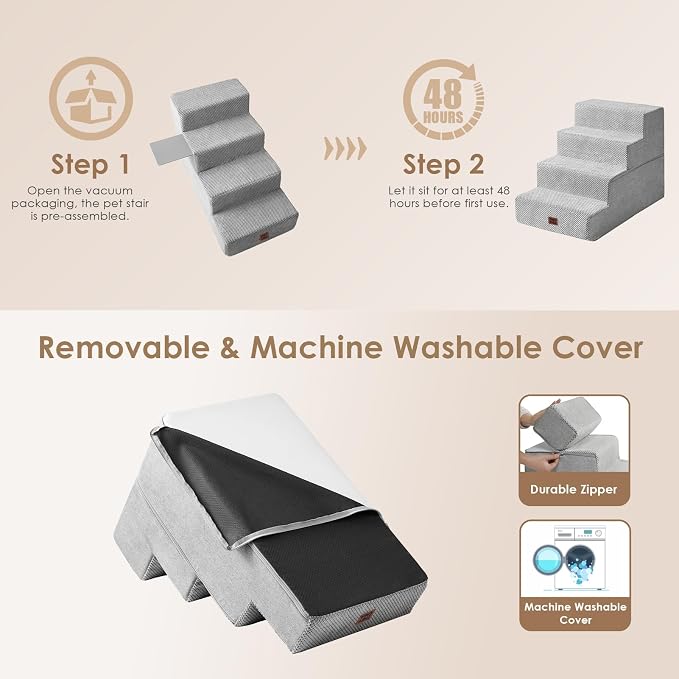 EHEYCIGA Dog Stairs for Bed 20" H, 4-Step Extra Wide Dog Steps, Light Grey | Pet Steps for Small Dogs and Cats for High Bed, Non-Slip Balanced Pet Ramp Indoor
