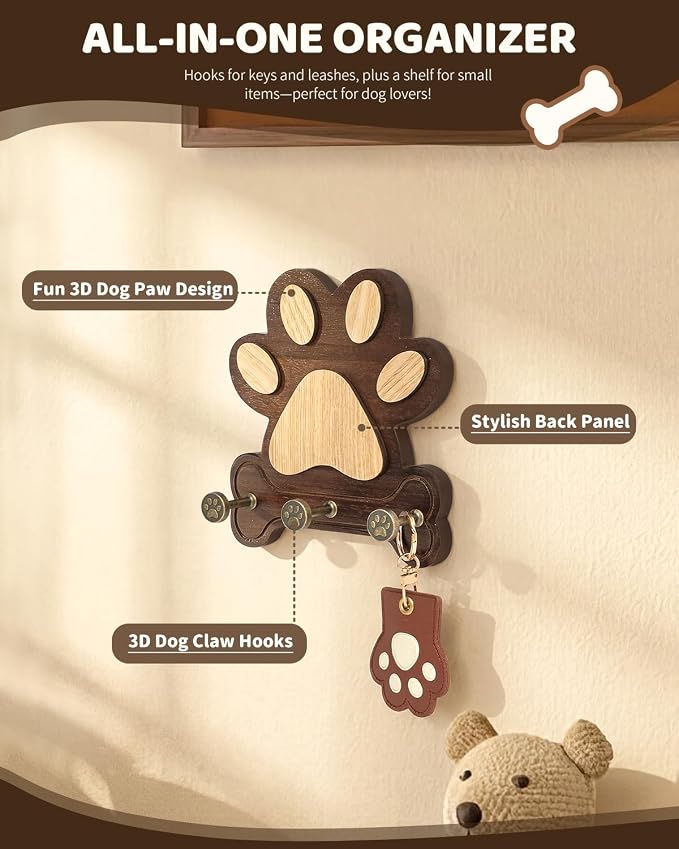 MTERSN Acacia Wood Dog Leash Holder for Wall with 3 Key Hooks, Dark Brown | Acacia Wood, Unique Dog Paw Shape, 3D Wall Hooks for Sunglasses, Cute Dog-Themed Key Rack, Wall Organizer for Home Decor