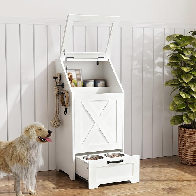 Dog Feeding Station with Storage Cabinet & 2 Elevated Bowls,White | All-in-one Pet Feeding Station: Sealed Food Bin + 2 Pull-out Elevated Bowls + Shelf + Side Hooks. Moisture-Proof.