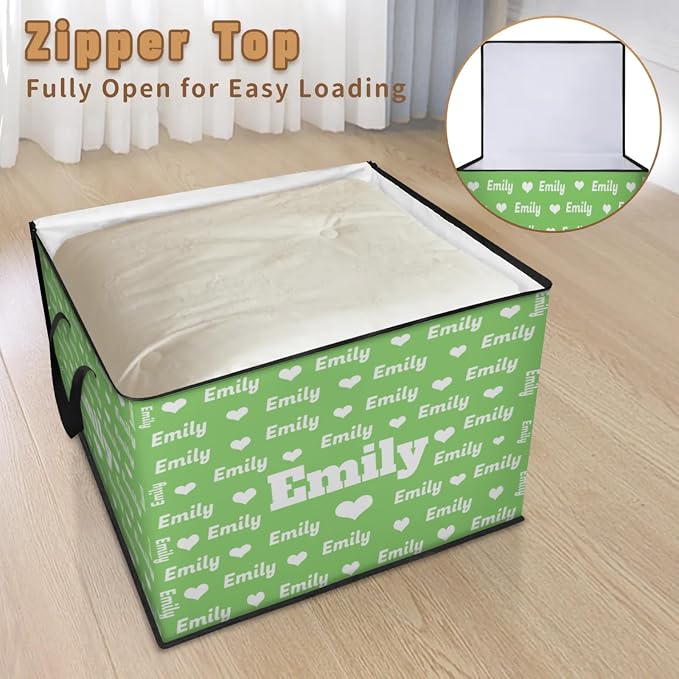 Custom Extra Large Storage Baskets Named with Lid, Personalized Storage Bins Basket Boxes Handles for Clothes Blanket Bedroom Closet Organizing Toys Shelves, Light Green Background Love Hearts