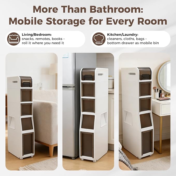 Slim Bathroom Storage Cabinet with Trash Can, Narrow Movable Waterproof Bathroom Floor Cabinet with Toilet Paper Holder for Bathrooms Toilet (15.1 * 6.9 * 37.8in)
