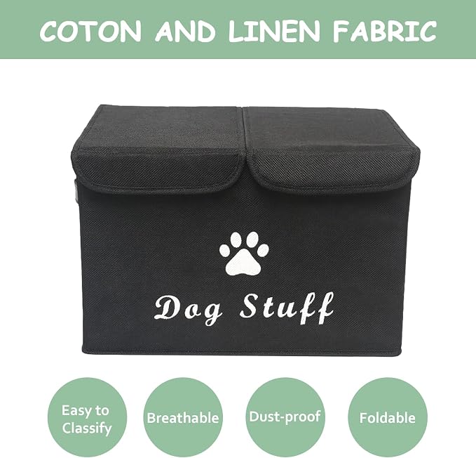 Large Storage Boxes - Large Linen Fabric Foldable Storage Cubes Bin Box Containers with Lid and Handles for Dog Apparel & Accessories, Dog Toys(Black)