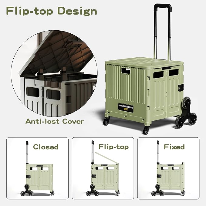 Rolling Crate, Collapsible Rolling Cart, Ultra-Slim Rolling Collapsible Storage Utility-carts, with Telescopic Handle, for Home, Garden, Shopping, Office, School use-Cream