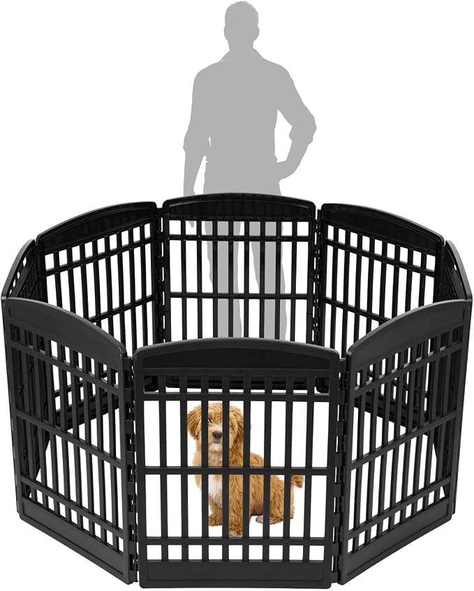 IRIS USA 8-Panel Dog Playpen, Pet Enclosure, Black | Puppy Training, Custom Pen Configuration, Configurable Layout, Multi-Shape Setup, Secure Door Latch, Stable Non-Tip Base