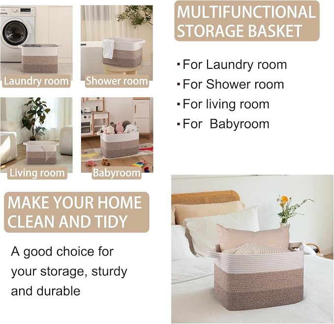 OIAHOMY Woven Blanket Basket Laundry Basket Dog Toy Basket Gradient Brown | Large Storage Basket,Baby Basket,Toy Storage,Woven Rope Basket for Blankets,Blanket Storage for Living Room