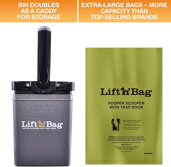 Neater Pet Brands Lift N’ Bag 2.0 Dog Pooper Scooper with Bag Attachment for Small to Large Dogs, New & Improved Design, 195 Refill Bags, Heavy Duty Dog Poop Scooper for Yard & Walks, One-Hand Use