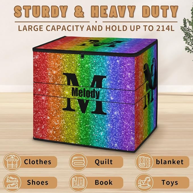 Custom Comforters Storage Basket with Lid, Personalized Name Large Organizer Bin for Clothes, Perfect for Rooms, Deep Colorful Sequins Red Green Blue Purple with Initial Letter
