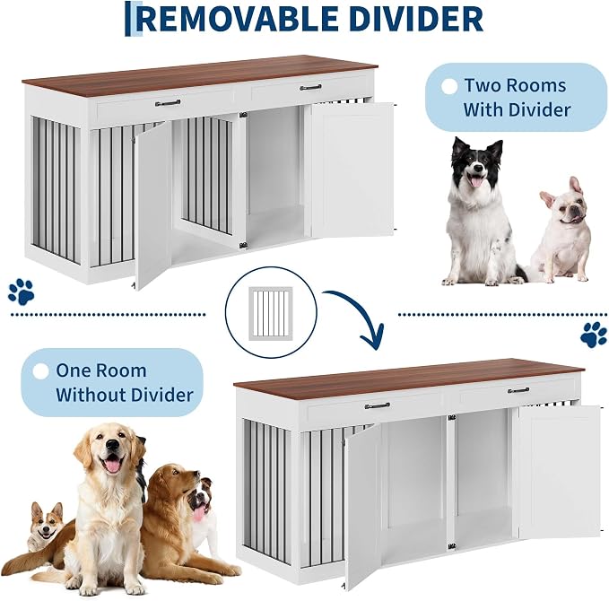71'' Double Dog Crate Furniture for 2 Dogs, Dog Crate with 2 Drawer | Farmhouse Dog Crate TV Stand with Removable Divider Dog Kennel Furniture, Heavy Duty Dog Cage and TV Stand for Large Mediu