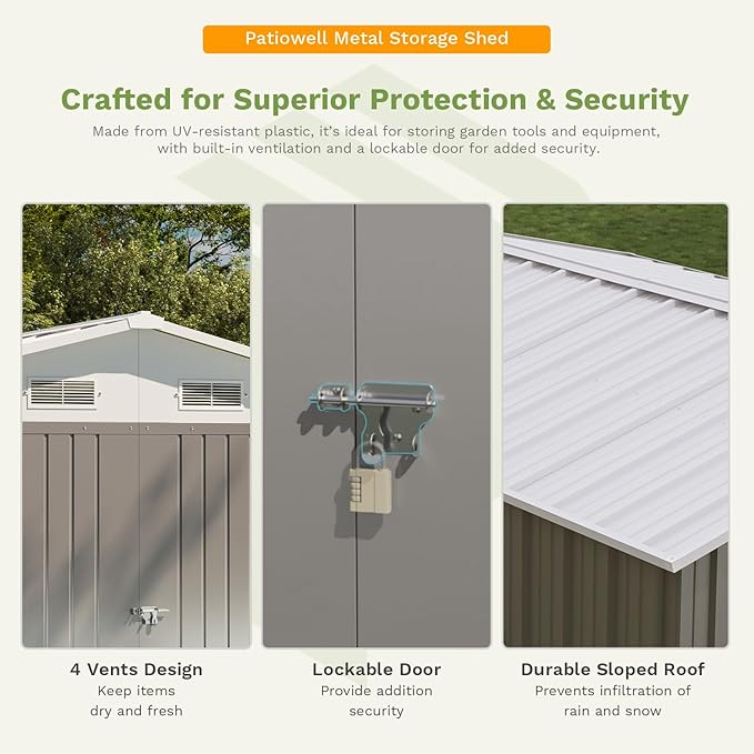 Patiowell 10x12 FT Metal Outdoor Storage Shed, Gray | Large Steel Yard Shed, Lockable Doors, Utility and Tool Storage Sheds for Garden, Backyard, Patio, Outside Use