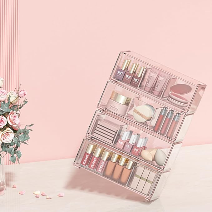 Stackable Storage Drawers Bathroom Drawer Organizer Clear Plastic Storage Bins Medicine Cabinet Organizer Makeup Organizers w Removable Divider Home Workspace Office Desktop Vanity Gift Idea 1Pack