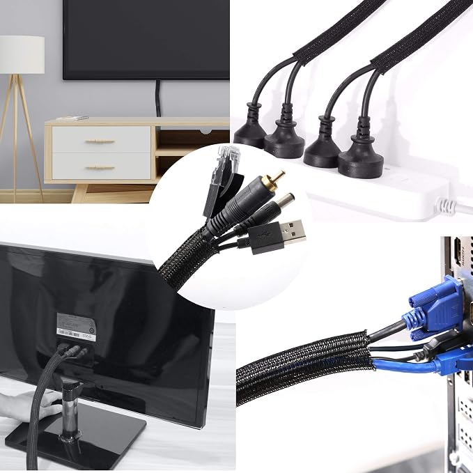 Cable Management Sleeve, Split Design, 10FT - 3/8 Inch, Black | Cord Protectors from Pets | Heat & Abrasion Resistant Wire Loom | Automotive Wiring & Home Office Cable Organization
