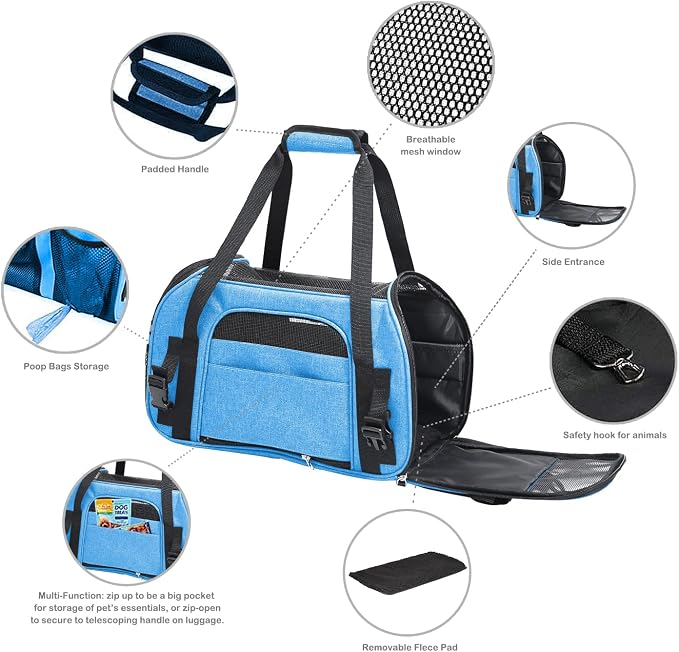 Jespet Airline Approved Soft-Sided Kennel Pet Carrier Travel Handbag | Lightweight, Foldable, Portable, Built-In Safety Leash, Luggage Sleeve, for Cats & Small Dogs, for Indoor & Outdoor