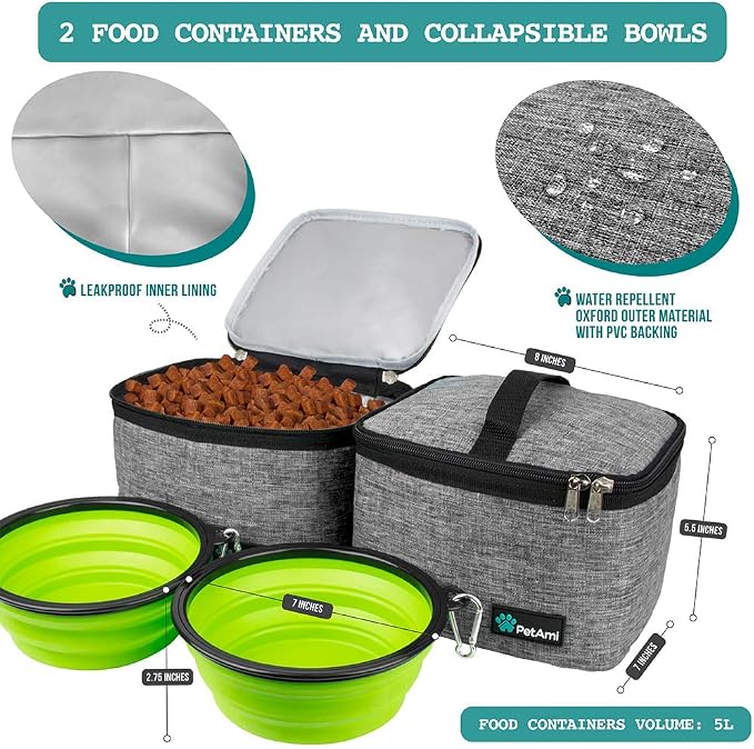 PetAmi Dog Travel Bag Organizer, Pet Supplies Tote Diaper Bag, Gray Large | Pet Travel Kit with 2 Food Containers & 2 Collapsible Dog Bowls, Luggage Sleeve, Weekend Getaway Road Trip Camping Essentials