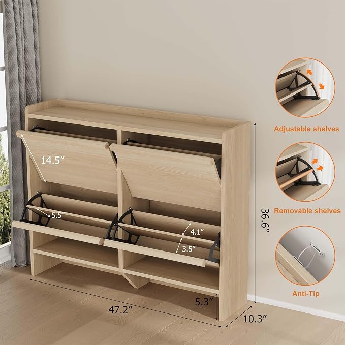 GarveeHome Shoe Cabinet with 4 Flip Drawers, Wooden Shoe Organizer Cabinet with Adjustable Shelf, Shoe Storage for Entryway, Hidden Shoe Cabinet for Hallway, Living Room, Natural Oak